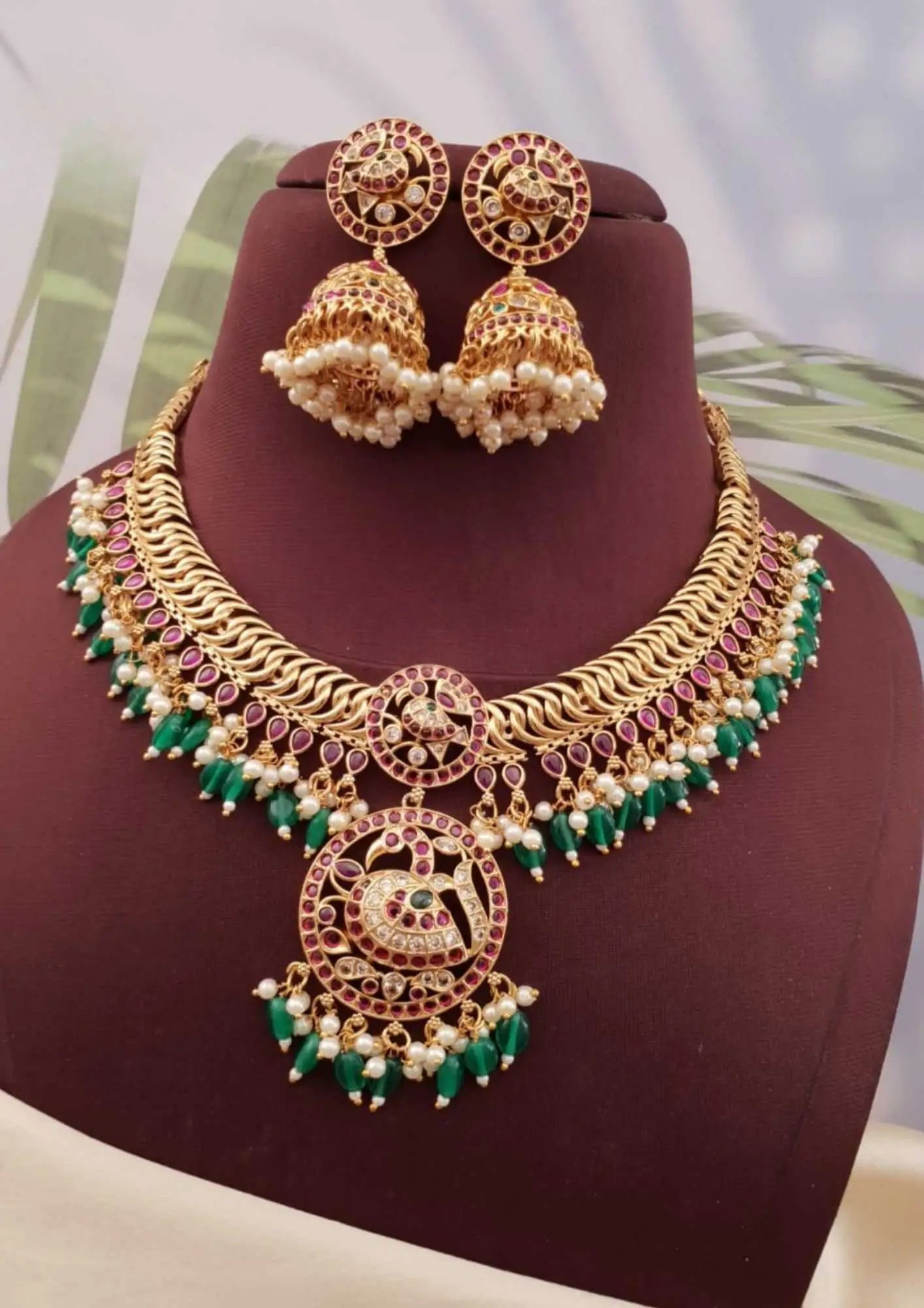 Kempu stone peacock design 18k gold platted necklace with earrings