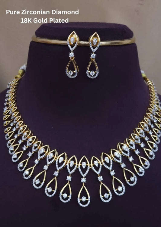 American diamond floral design 18k gold platted  necklace with earrings