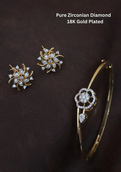 Pure Zirconian Diamond Gold Plated Openable Bracelet And Studs Combo