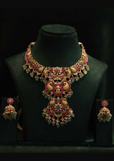 Jadau kundan bridal gold plated temple jewellery necklace with earrings