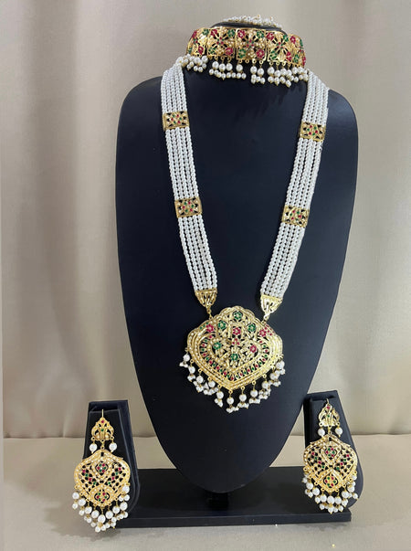 Jadau Kundan Bridal Combo Necklace Set - Multi Pearl