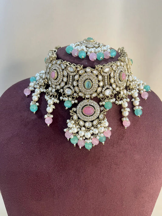 Kundan Choker Set - Pink & Mint