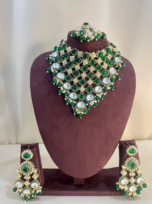 Moissanite Kundan V Neck Necklace Set - Emerald Green