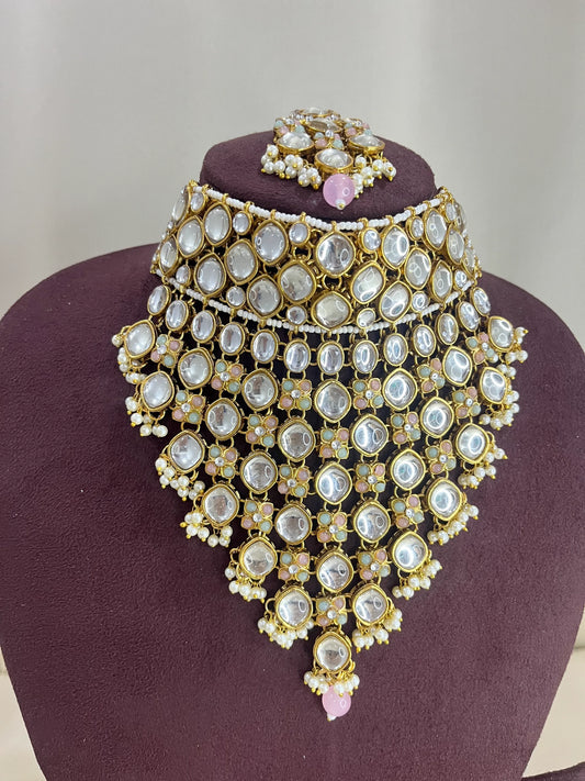 Moissanite Kundan Necklace Set - Pearl & Pink