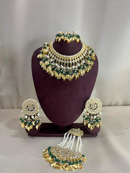 Moissanite Polki Semi Bridal Necklace Set - Pearl & Green