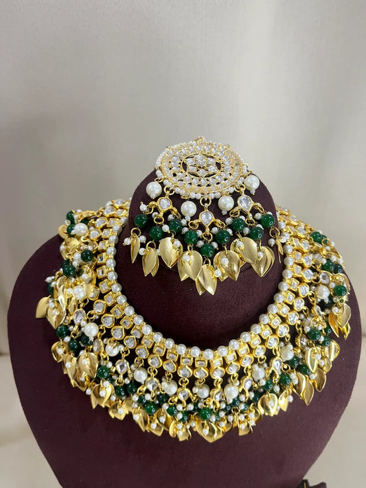 Moissanite Polki Semi Bridal Necklace Set - Pearl & Green