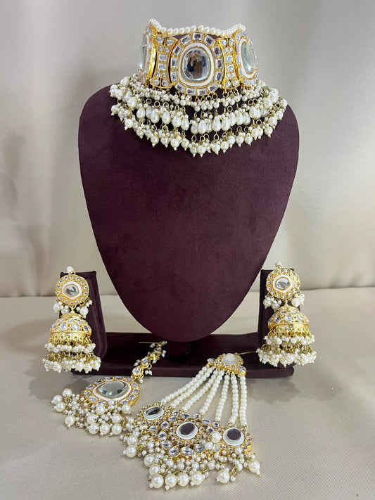 Polki Kundan Necklace Set With Pasa - Pearl