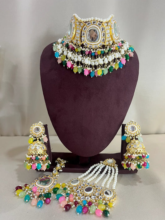 Polki Kundan Necklace Set With Pasa - Multi Color