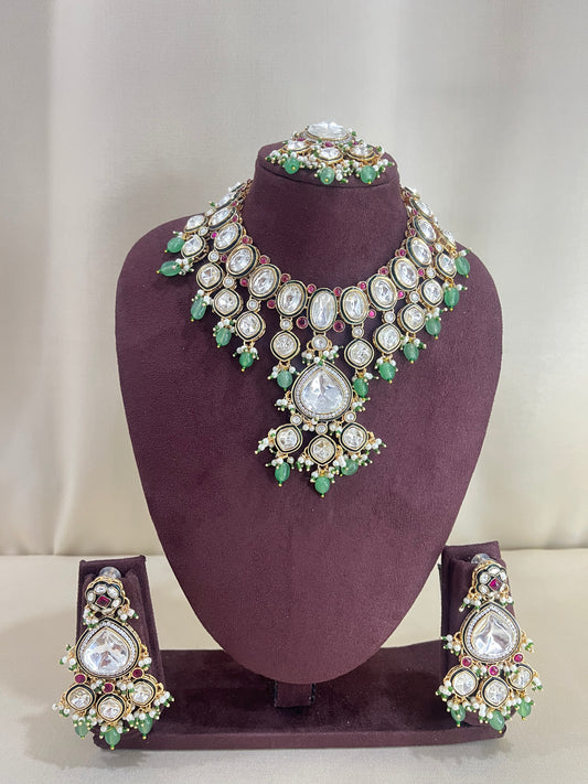 Moissanite Kundan Semi Bridal Necklace Set - Mint