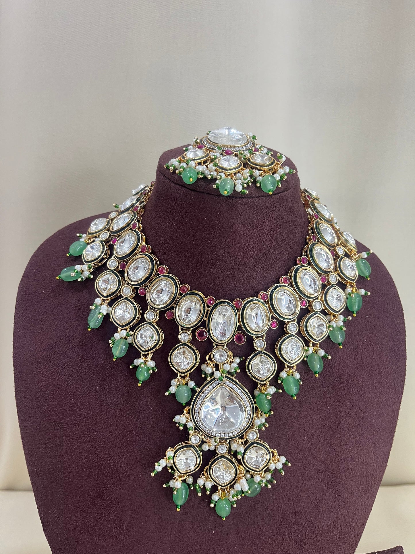 Moissanite Kundan Semi Bridal Necklace Set - Mint