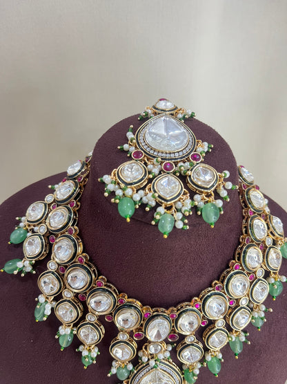 Moissanite Kundan Semi Bridal Necklace Set - Mint