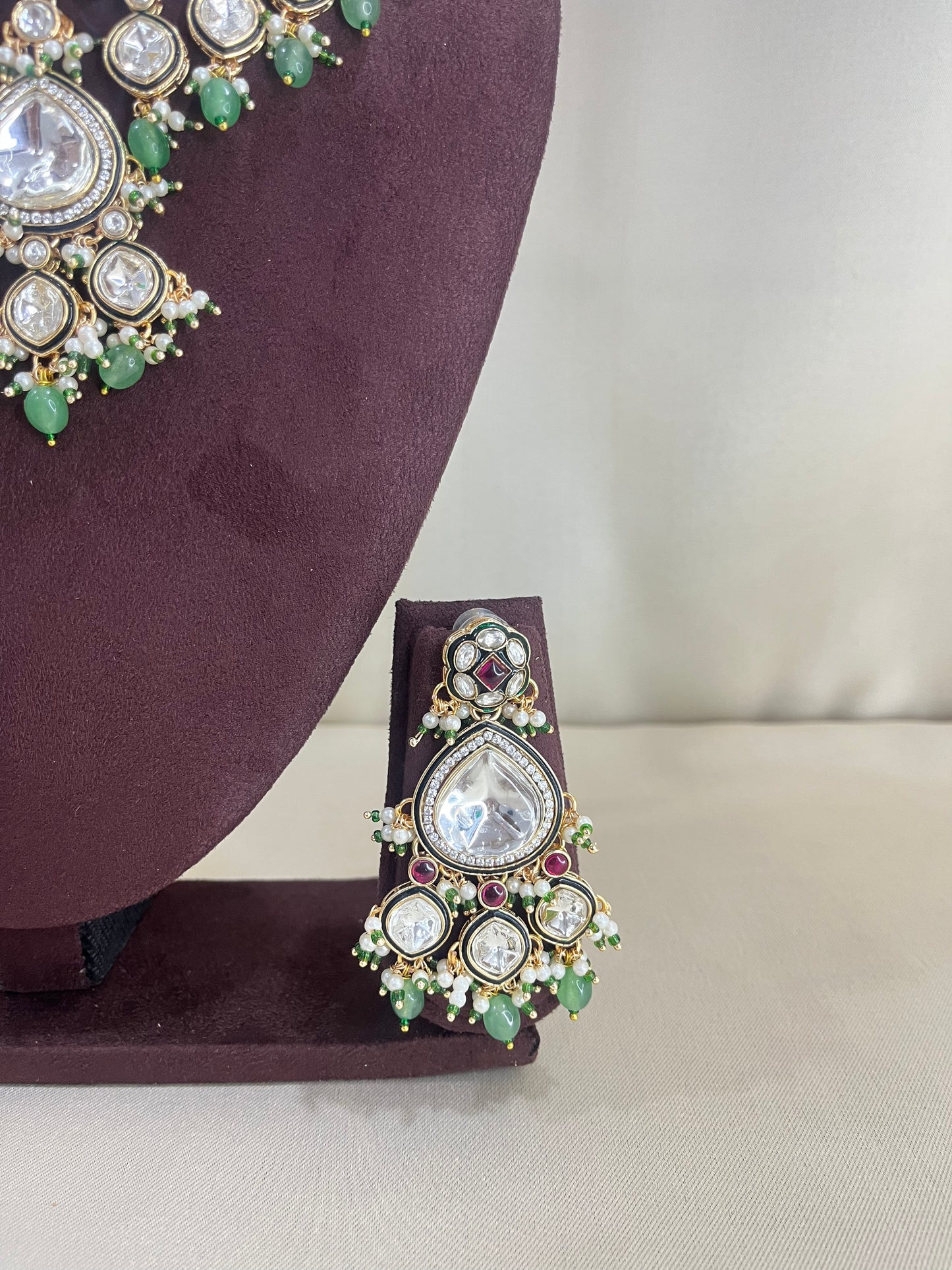 Moissanite Kundan Semi Bridal Necklace Set - Mint