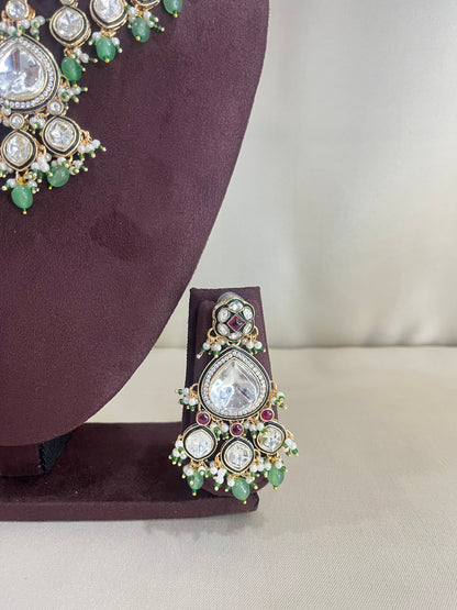 Moissanite Kundan Semi Bridal Necklace Set - Mint