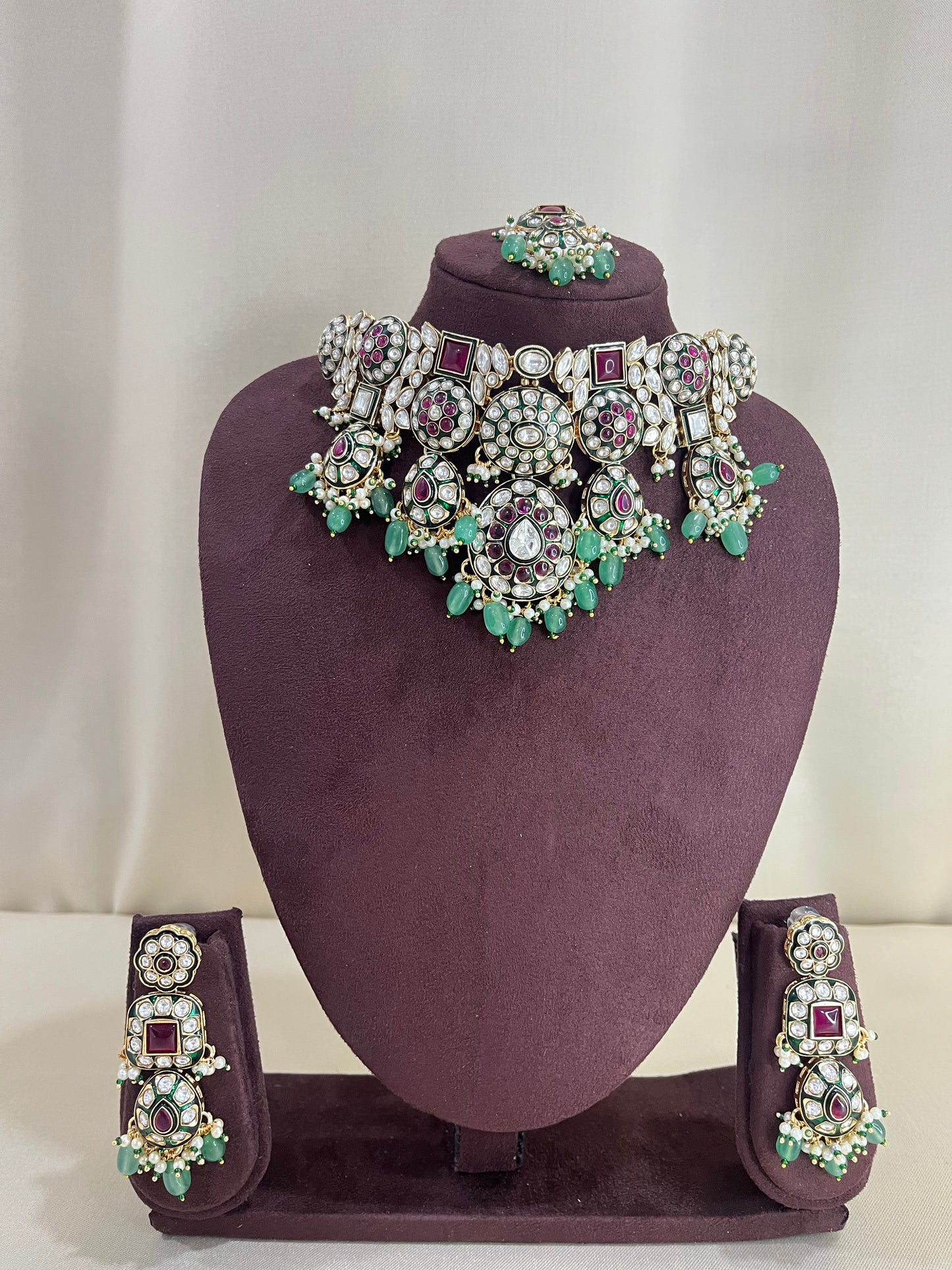 Moissanite Semi Bridal Necklace Set - Mint & ruby