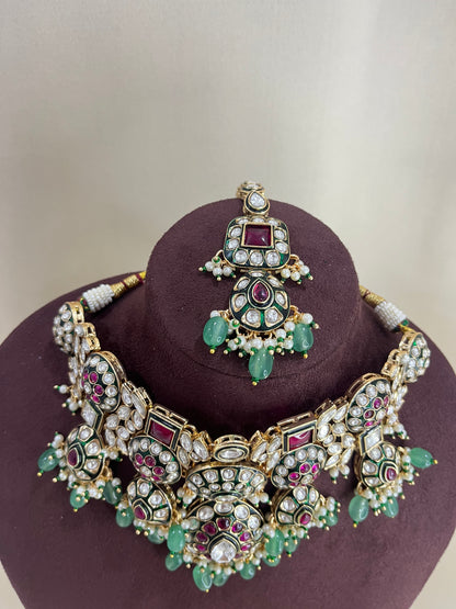 Moissanite Semi Bridal Necklace Set - Mint & ruby