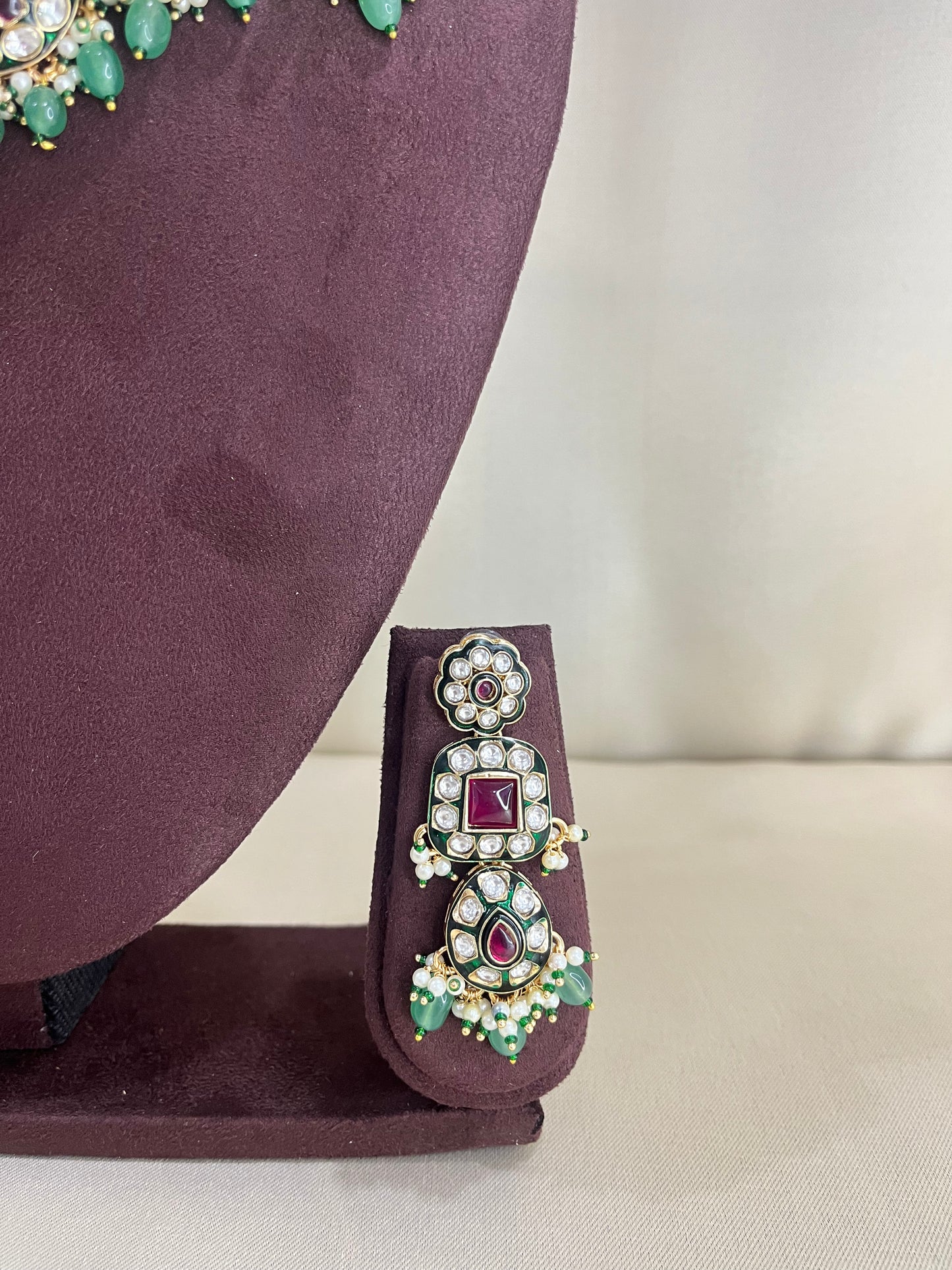 Moissanite Semi Bridal Necklace Set - Mint & ruby