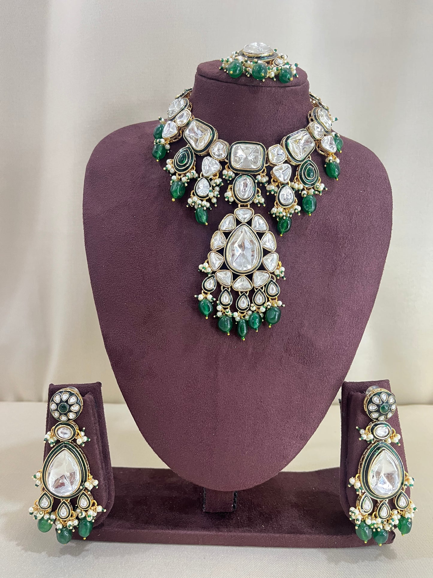 Moissanite Semi Bridal Necklace Set - Emerald Green