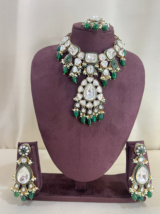 Moissanite Semi Bridal Necklace Set - Emerald Green