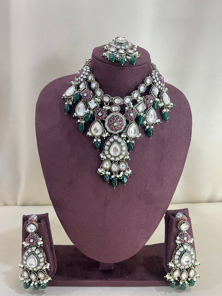 Moissanite Kundan Semi Bridal Necklace Set - Emerald Green