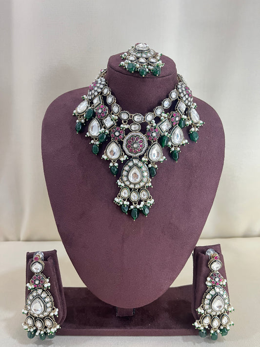 Moissanite Kundan Semi Bridal Necklace Set - Emerald Green