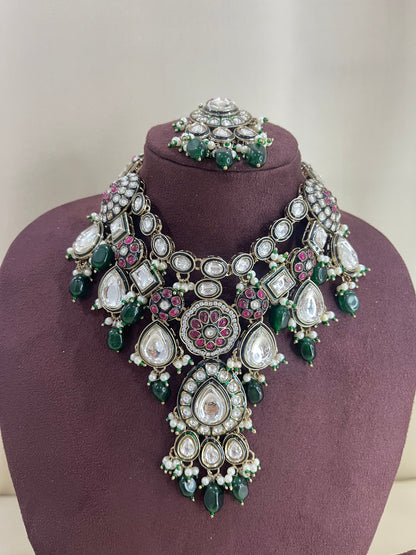 Moissanite Kundan Semi Bridal Necklace Set - Emerald Green