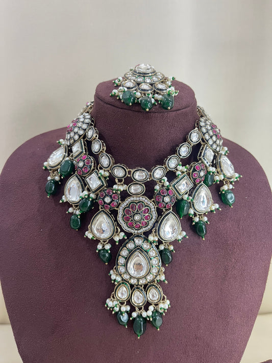 Moissanite Kundan Semi Bridal Necklace Set - Emerald Green