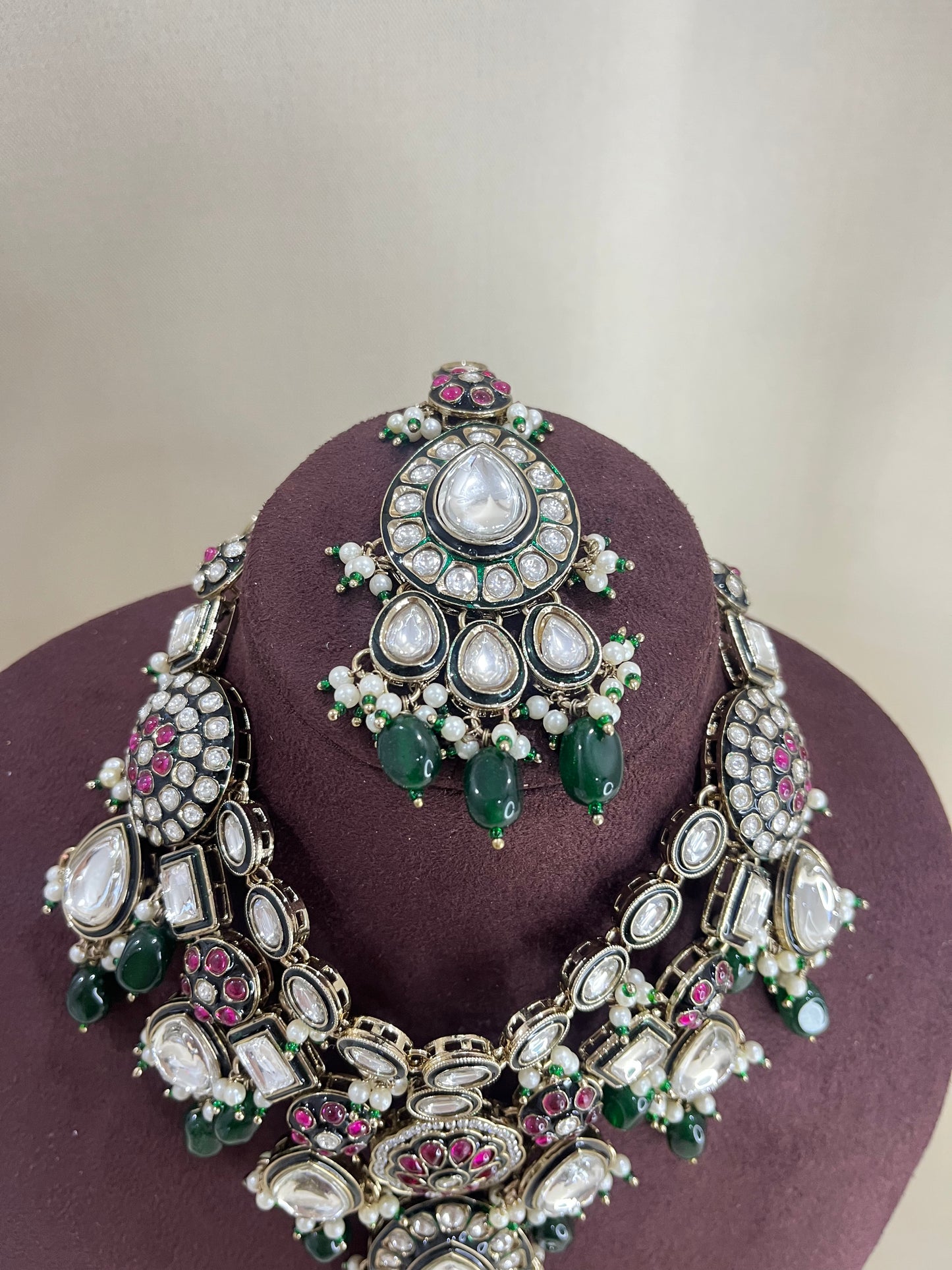 Moissanite Kundan Semi Bridal Necklace Set - Emerald Green