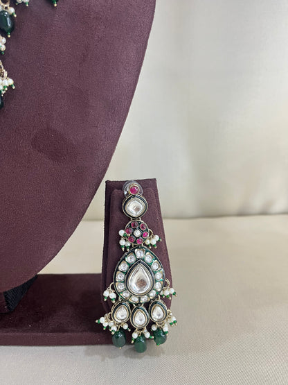Moissanite Kundan Semi Bridal Necklace Set - Emerald Green