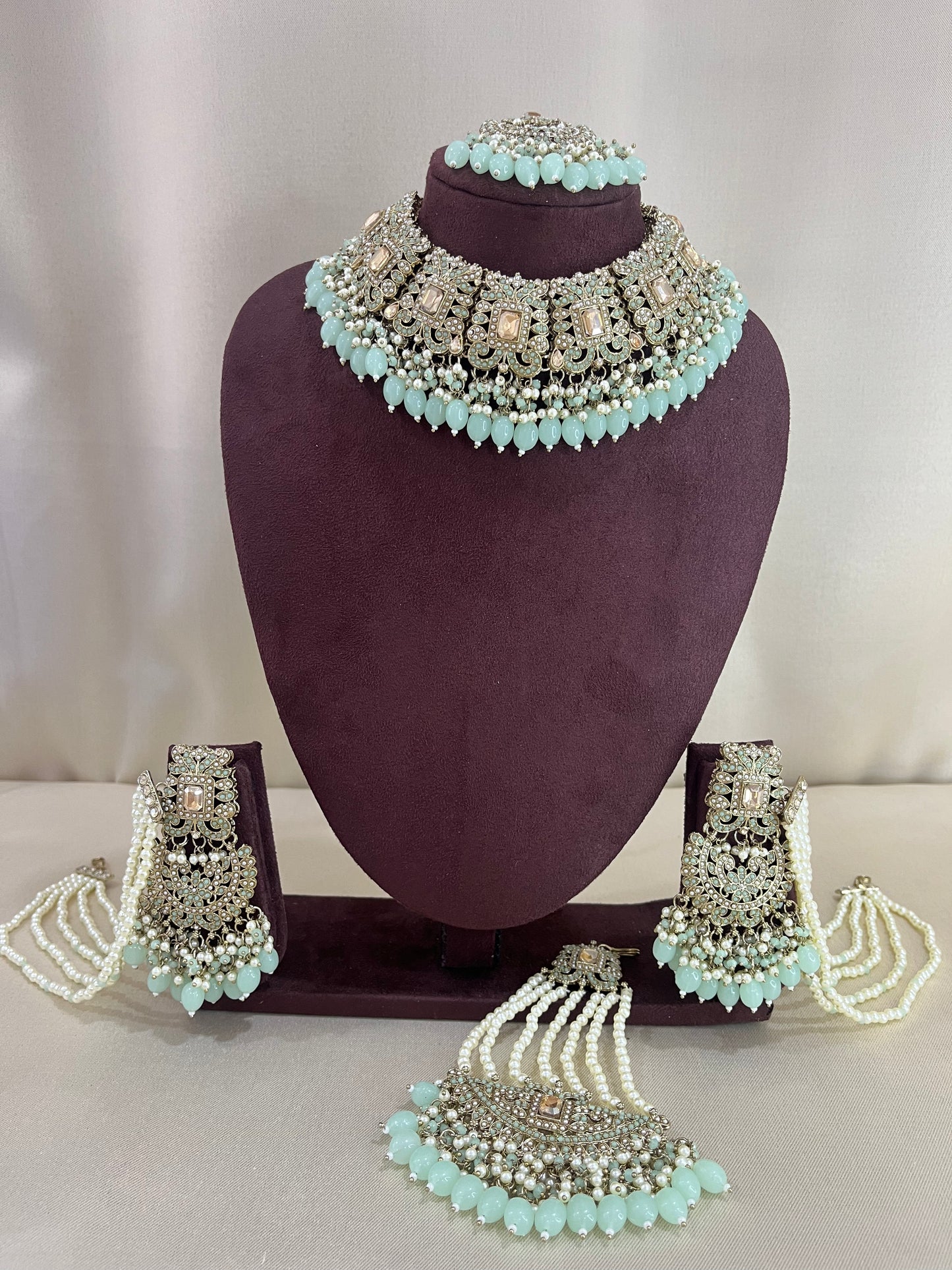 Polki Kundan Pakistani Necklace Set - Mint