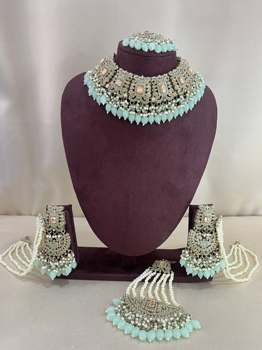 Polki Kundan Pakistani Necklace Set - Mint