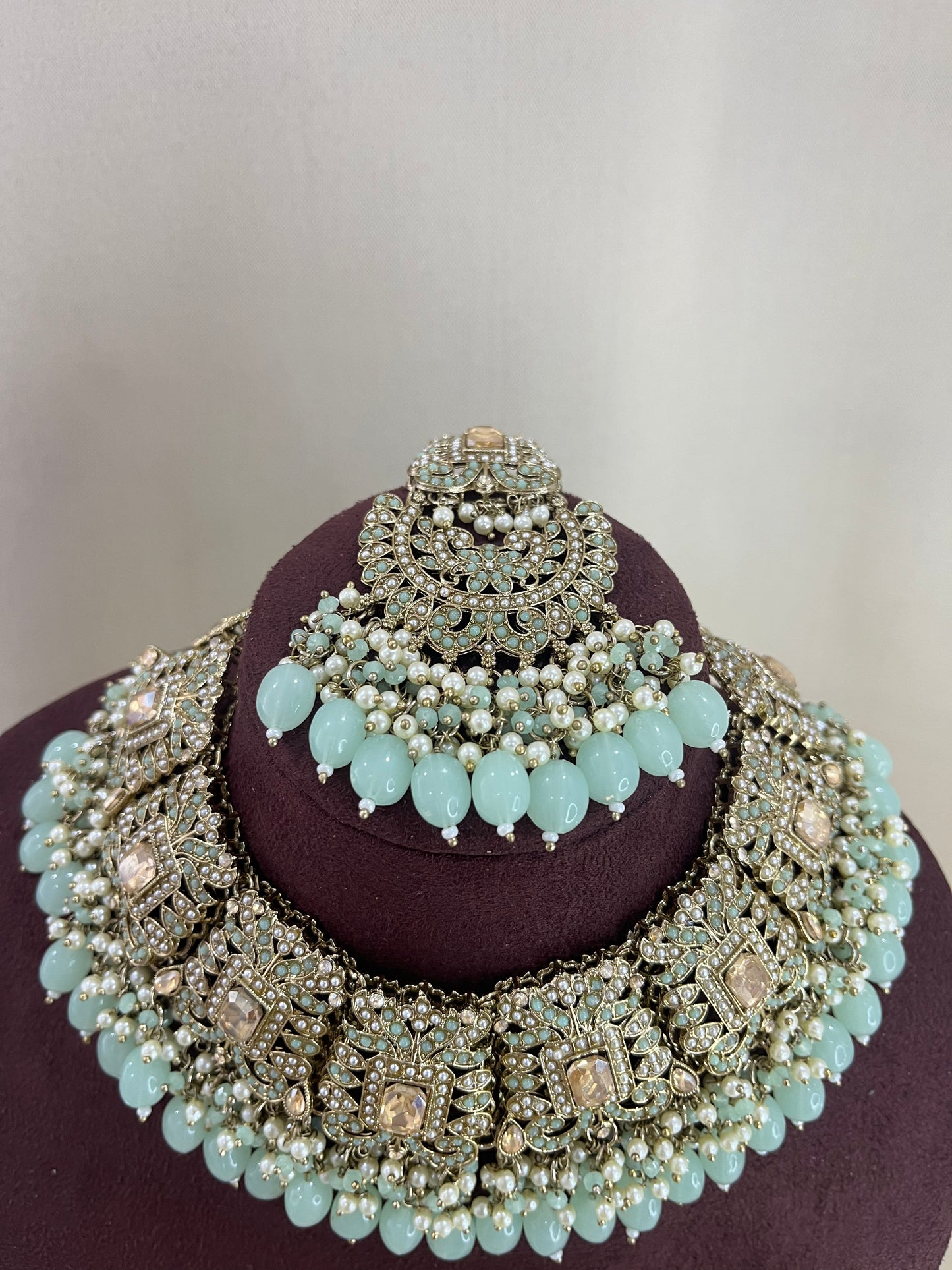 Polki Kundan Pakistani Necklace Set - Mint