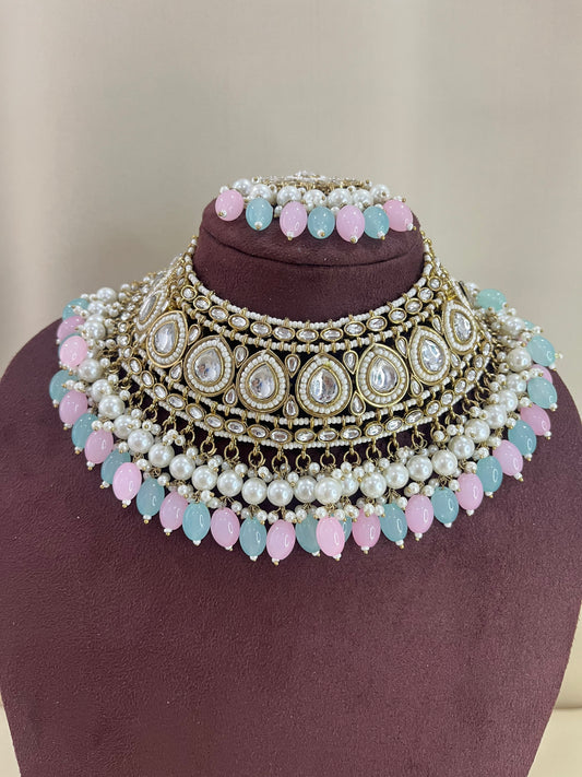 Polki Kundan Necklace Set - Multi Color