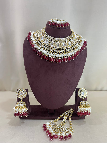 Polki Semi Bridal Necklace Set - Ruby Red