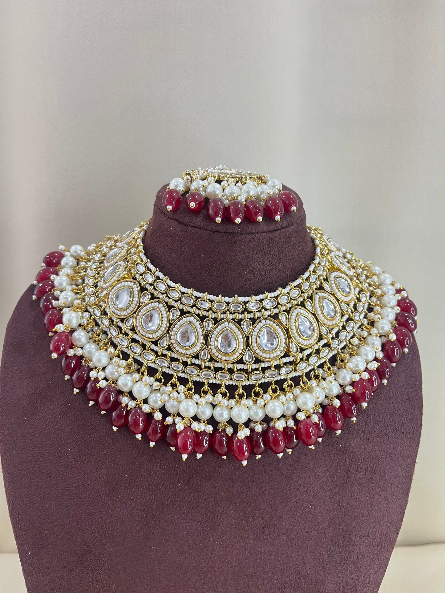 Polki Semi Bridal Necklace Set - Ruby Red