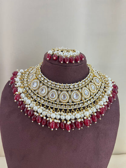 Polki Semi Bridal Necklace Set - Ruby Red