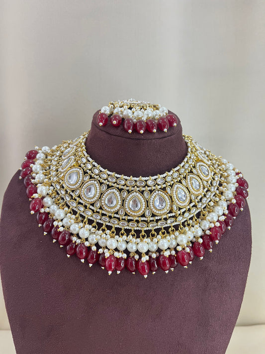 Polki Semi Bridal Necklace Set - Ruby Red