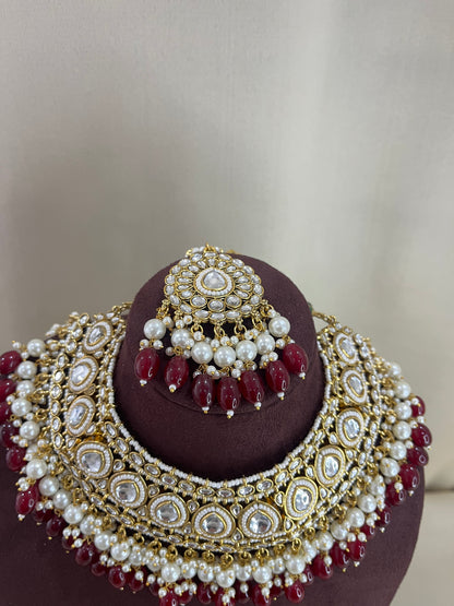 Polki Semi Bridal Necklace Set - Ruby Red
