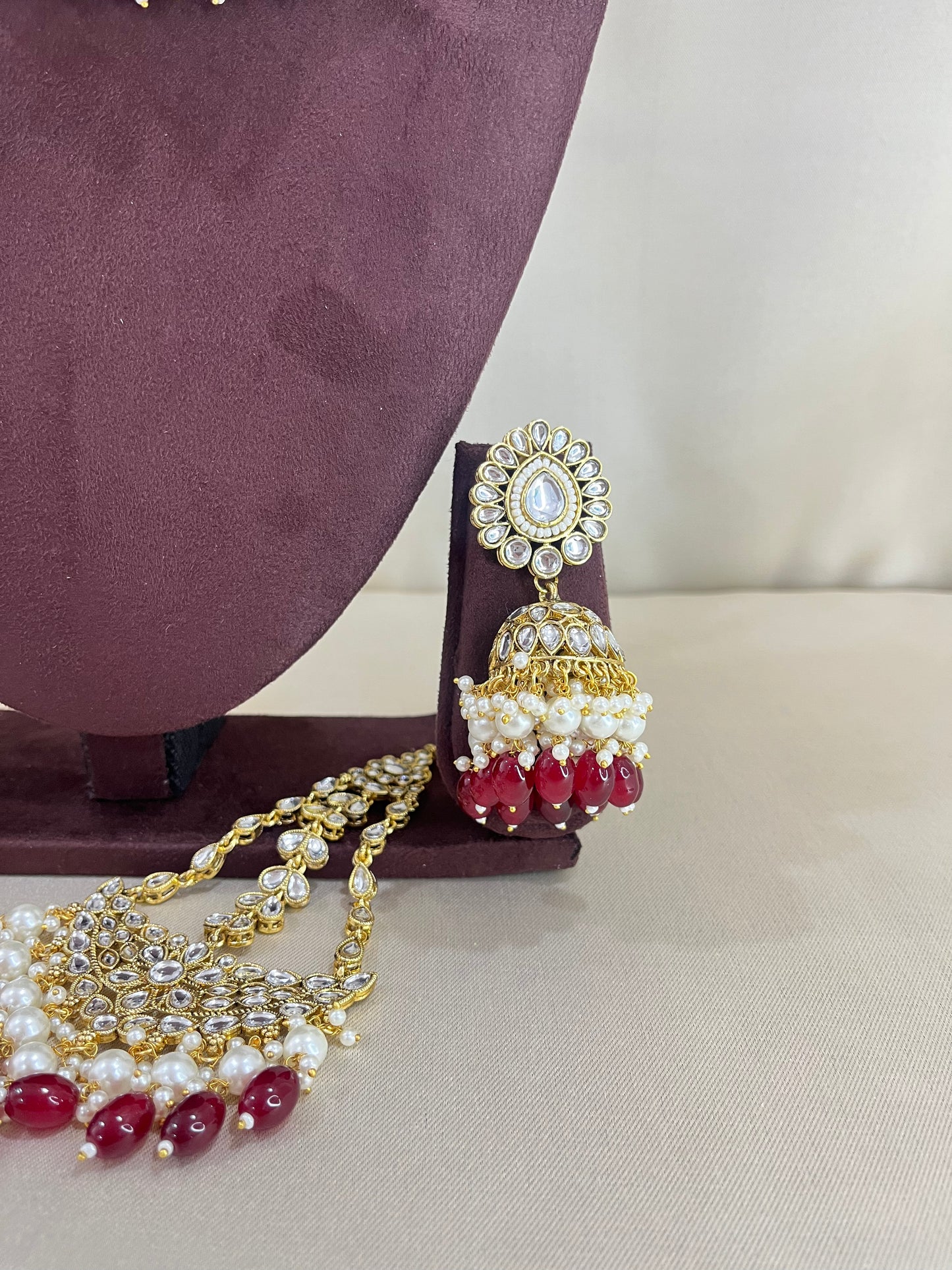 Polki Semi Bridal Necklace Set - Ruby Red