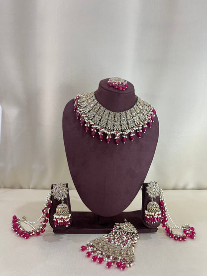American Diamond Necklace Set With Chain Earings - Ruby