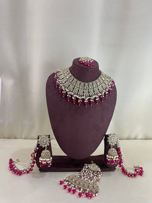 American Diamond Necklace Set With Chain Earings - Ruby