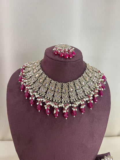 American Diamond Necklace Set With Chain Earings - Ruby