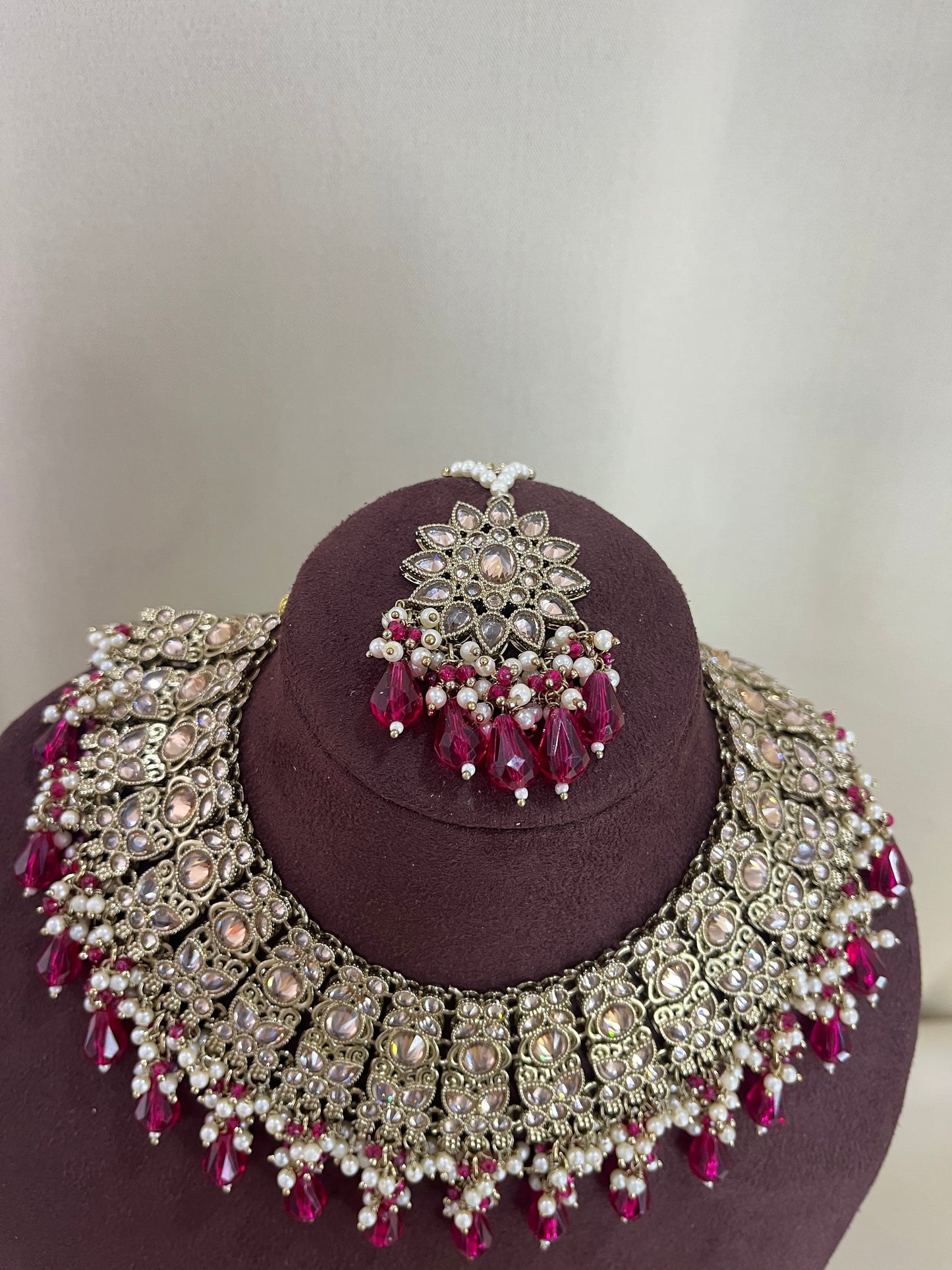 American Diamond Necklace Set With Chain Earings - Ruby