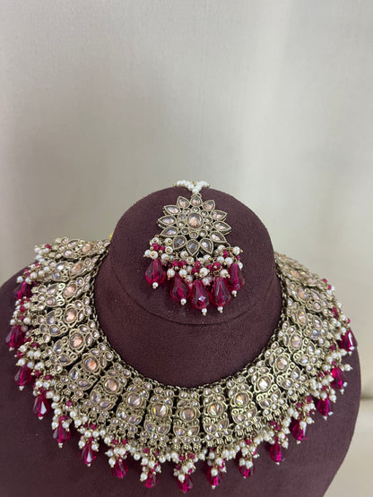 American Diamond Necklace Set With Chain Earings - Ruby
