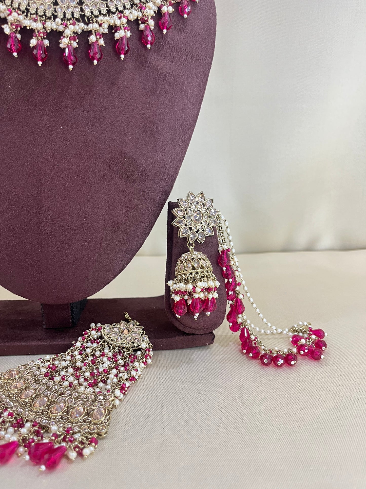 American Diamond Necklace Set With Chain Earings - Ruby