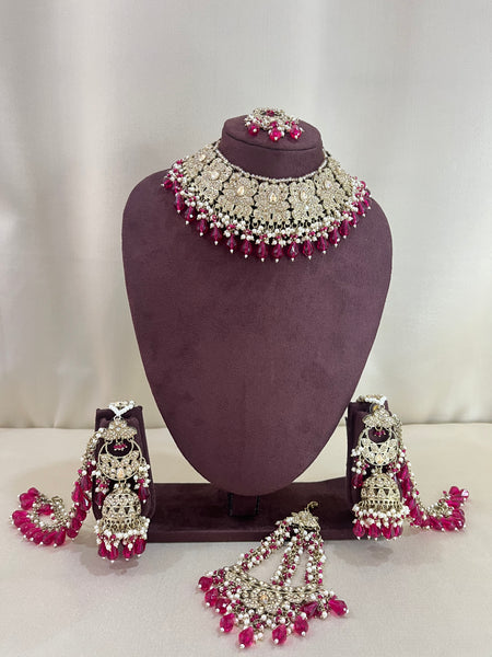 American Diamond Necklace Set With Jhoomar - Ruby