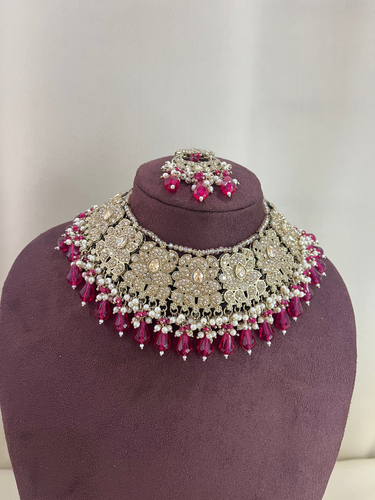 American Diamond Necklace Set With Jhoomar - Ruby