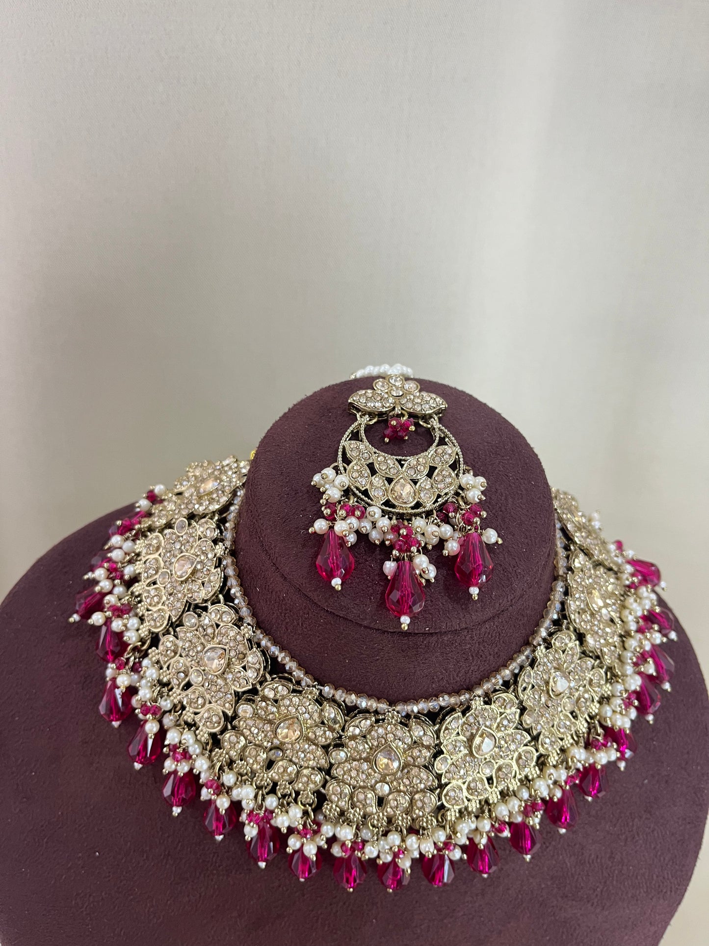 American Diamond Necklace Set With Jhoomar - Ruby