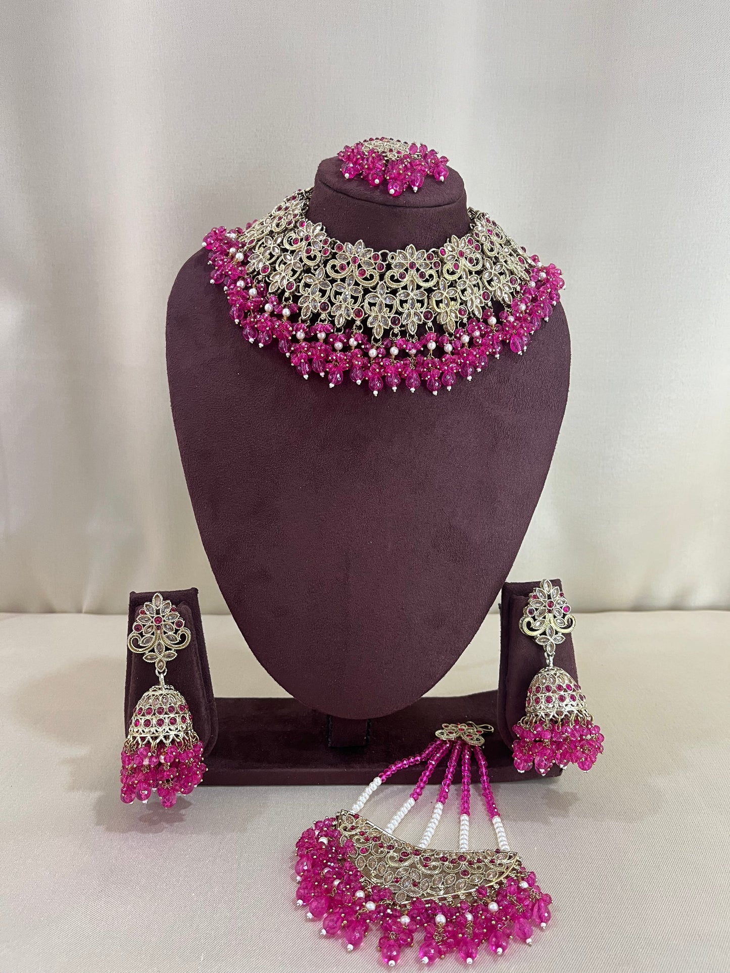 American Diamond Pakistani Necklace Set - Rani Pink