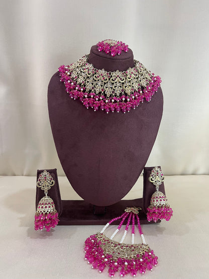 American Diamond Pakistani Necklace Set - Rani Pink