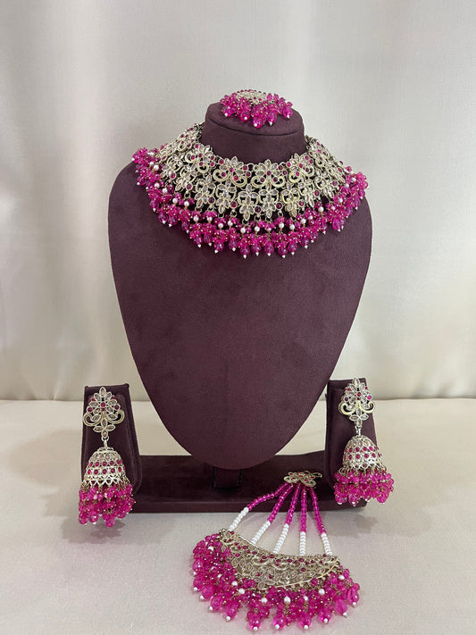 American Diamond Pakistani Necklace Set - Rani Pink